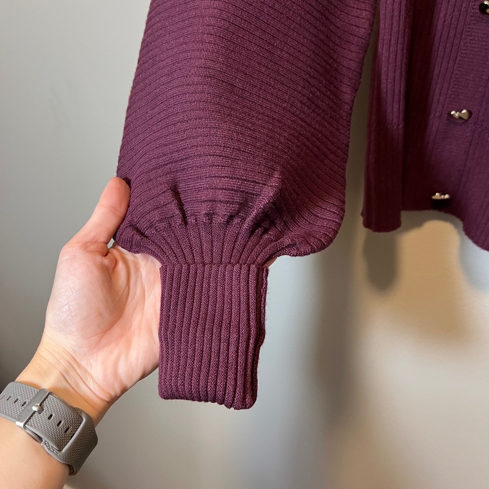 Anthropologie Ribbed Heart Button Cardigan Plum Puff Sleeve‎ Sweater XS NWT - Picture 8 of 12